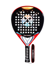 Load image into Gallery viewer, A HEROES PADEL racket with a black, red, and white color scheme, featuring a durable carbon frame and a texturized grip area, crafted as a high-quality padel racket and professional padel tennis racket.