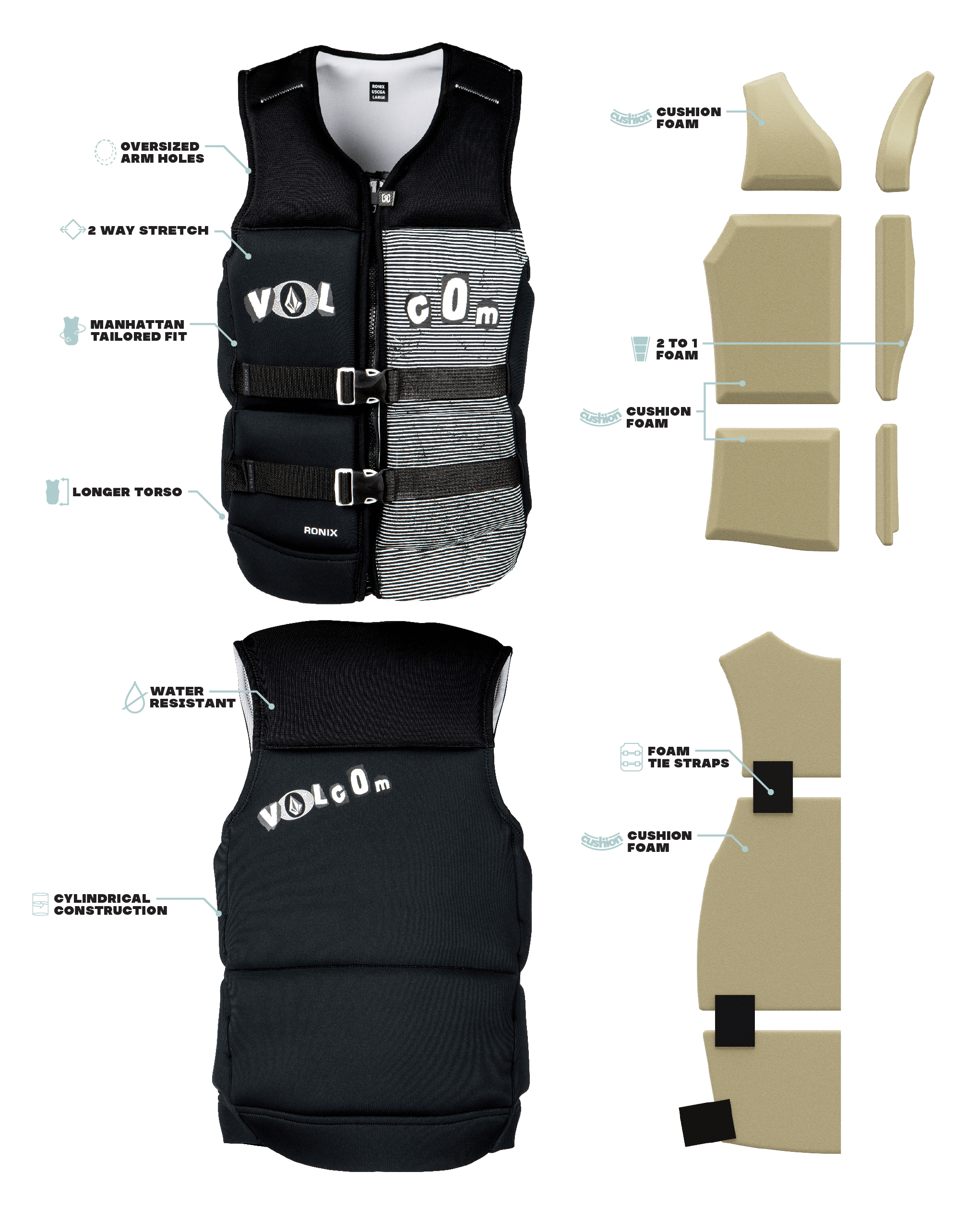 Ronix Volcom - Capella 3.0 - CGA Life Vest - Black / White Clippings (2025)