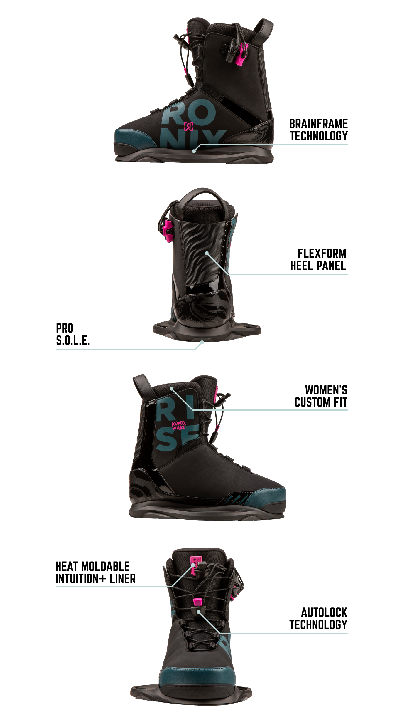 RONIX BOOTS 2025 - Rise - Intuition - Black / Teal / Pink