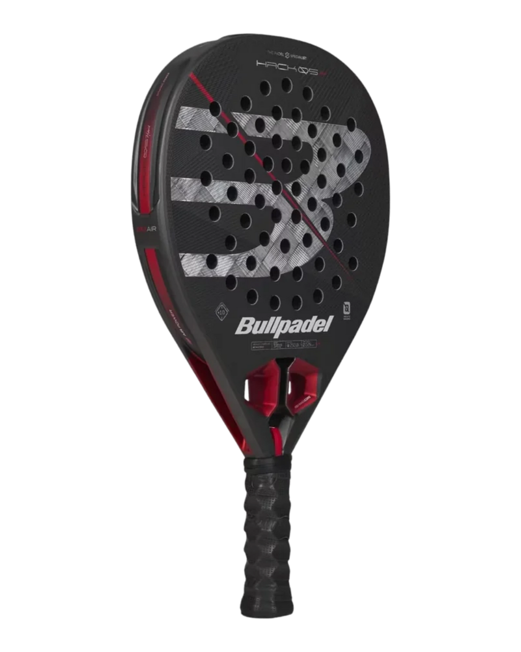 A Bullpadel Pro 2.0 paddle in black and red, featuring a textured gray and white 'B' logo on the paddle face, with the Bullpadel brand name printed in white near the throat.