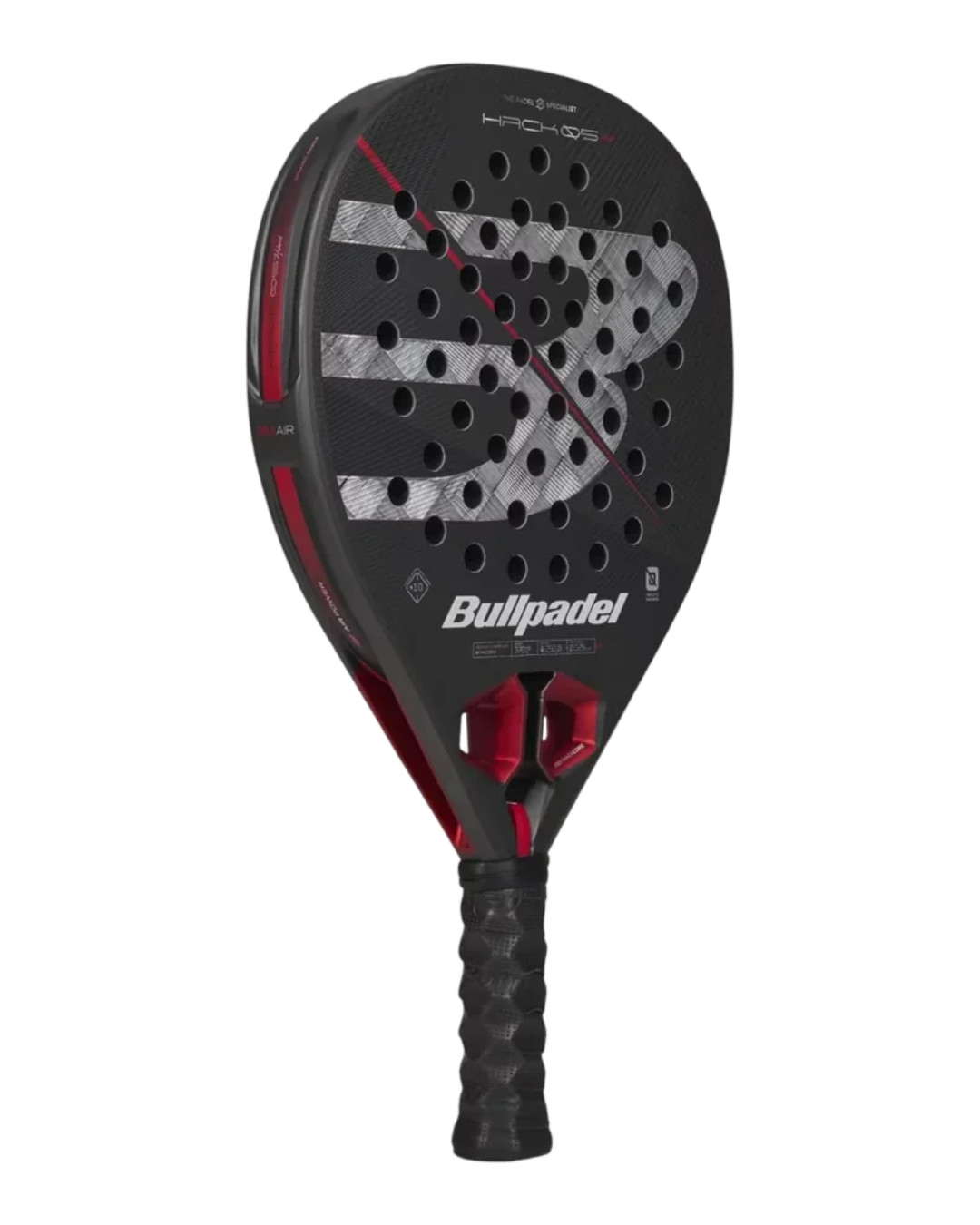 A Bullpadel Pro 2.0 paddle in black and red, featuring a textured gray and white 'B' logo on the paddle face, with the Bullpadel brand name printed in white near the throat.