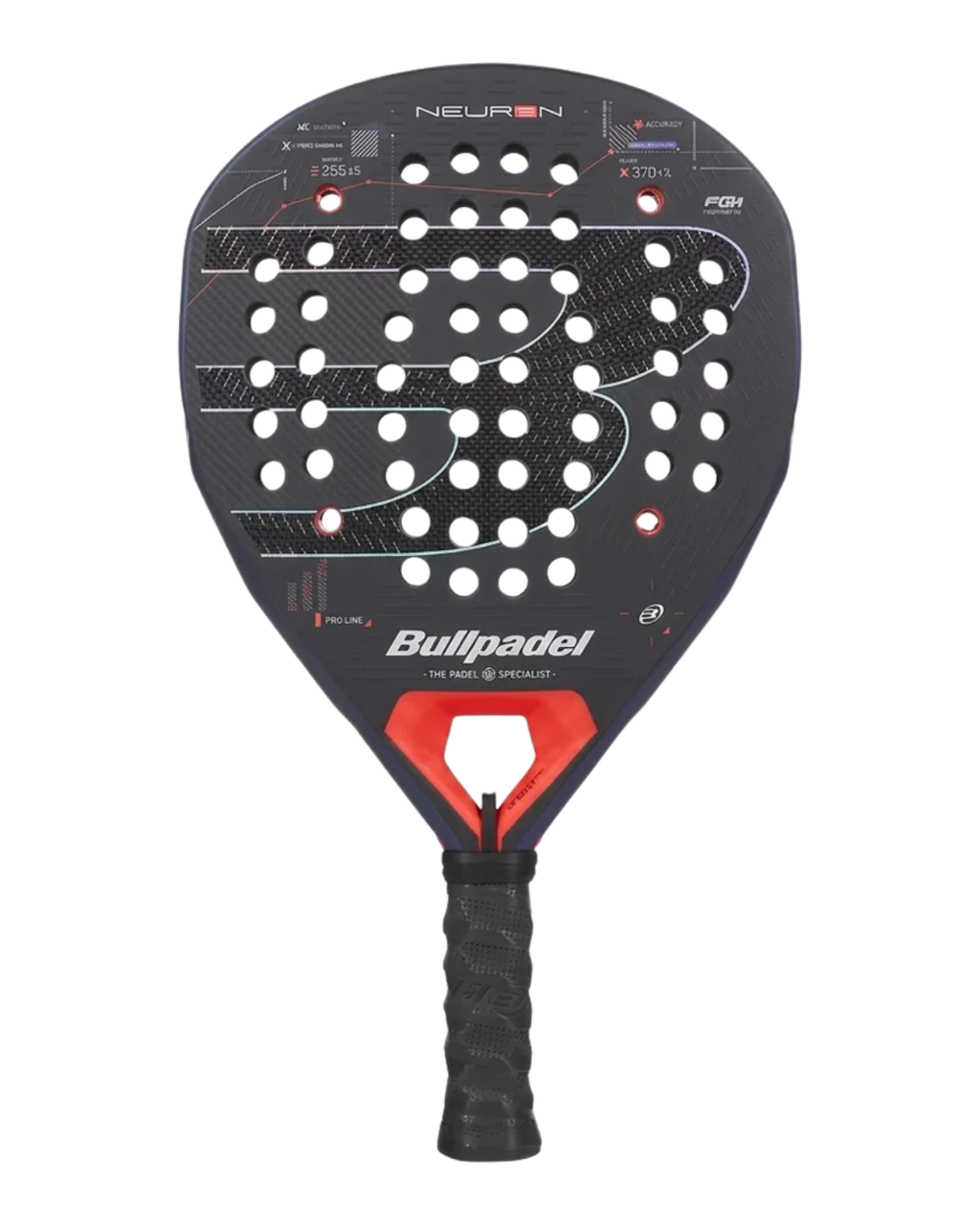 A Bullpadel paddle featuring a black perforated face with white and red graphics, a red and black throat, and a black textured grip handle, shown against a plain white background.
