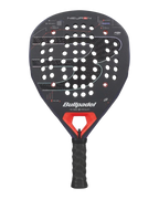 A Bullpadel paddle featuring a black perforated face with white and red graphics, a red and black throat, and a black textured grip handle, shown against a plain white background.