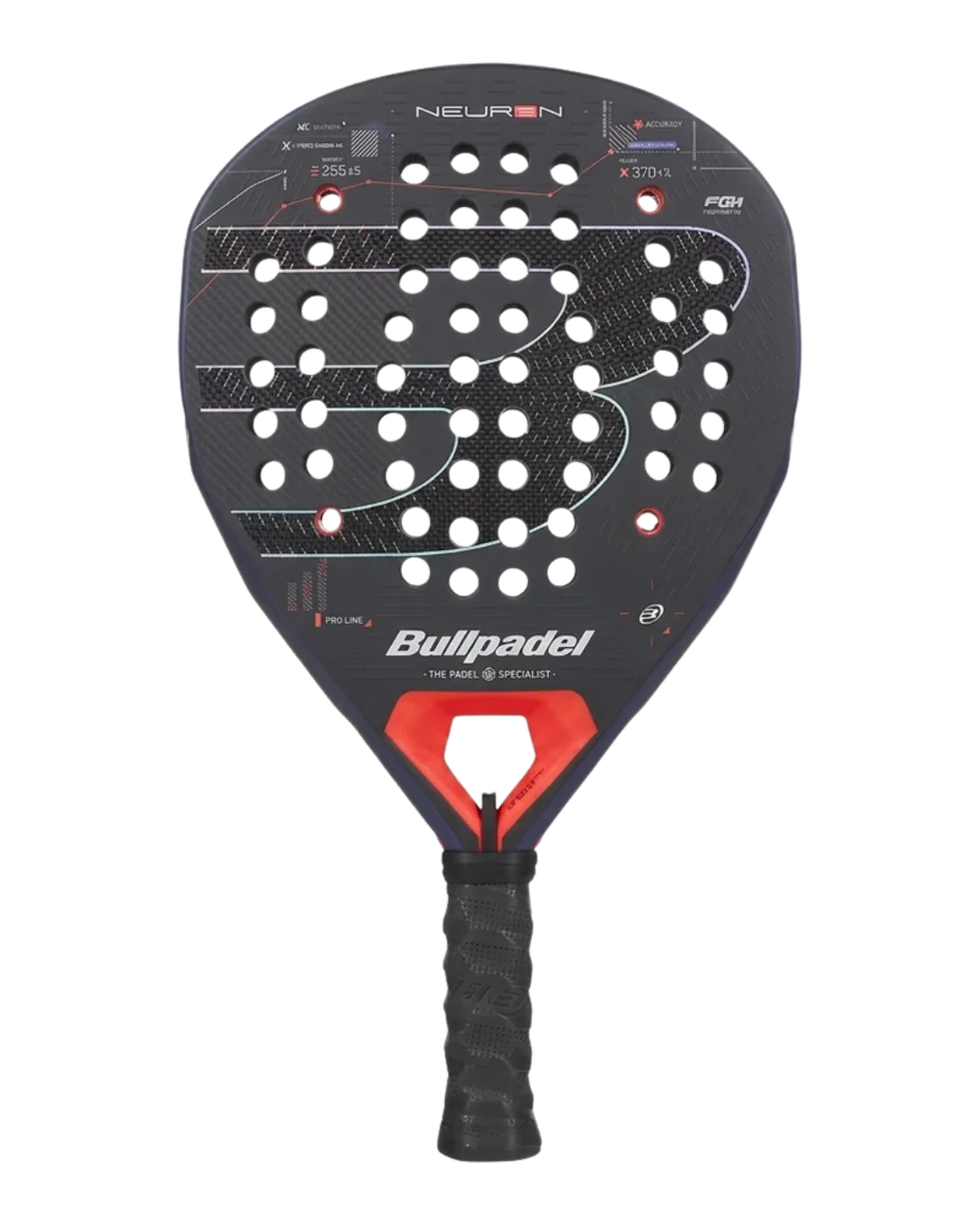 A Bullpadel paddle featuring a black perforated face with white and red graphics, a red and black throat, and a black textured grip handle, shown against a plain white background.