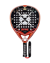 Load image into Gallery viewer, A HEROES PADEL AZTECA 2025 padel racket with a black, orange, and white color scheme, featuring a tear drop shape and Aztec-inspired graphics, designed as a premium padel tennis racket.
