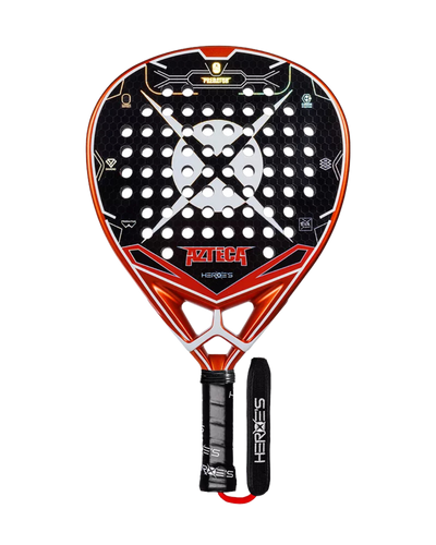 A HEROES PADEL AZTECA 2025 padel racket with a black, orange, and white color scheme, featuring a tear drop shape and Aztec-inspired graphics, designed as a premium padel tennis racket.