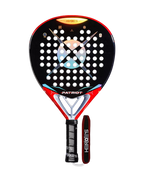 A HEROES PADEL racket with a black, red, and white color scheme, featuring a durable carbon frame and a texturized grip area, crafted as a high-quality padel racket and professional padel tennis racket.