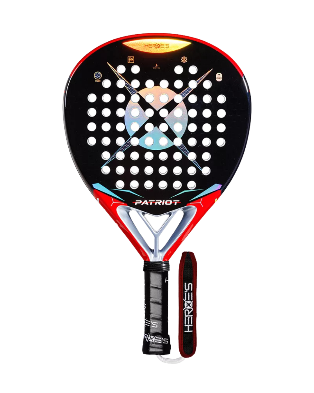 A HEROES PADEL racket with a black, red, and white color scheme, featuring a durable carbon frame and a texturized grip area, crafted as a high-quality padel racket and professional padel tennis racket.