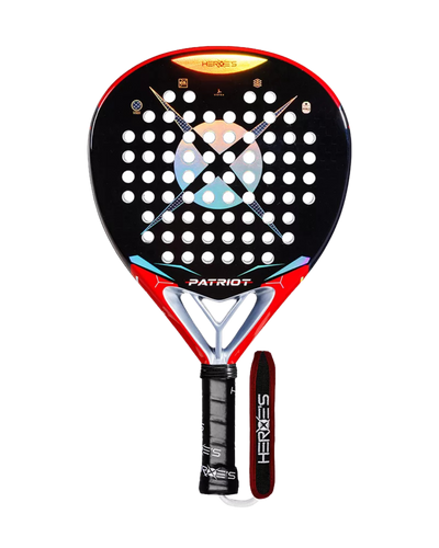 A HEROES PADEL racket with a black, red, and white color scheme, featuring a durable carbon frame and a texturized grip area, crafted as a high-quality padel racket and professional padel tennis racket.