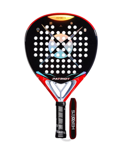 A HEROES PADEL racket with a black, red, and white color scheme, featuring a durable carbon frame and a texturized grip area, crafted as a high-quality padel racket and professional padel tennis racket.