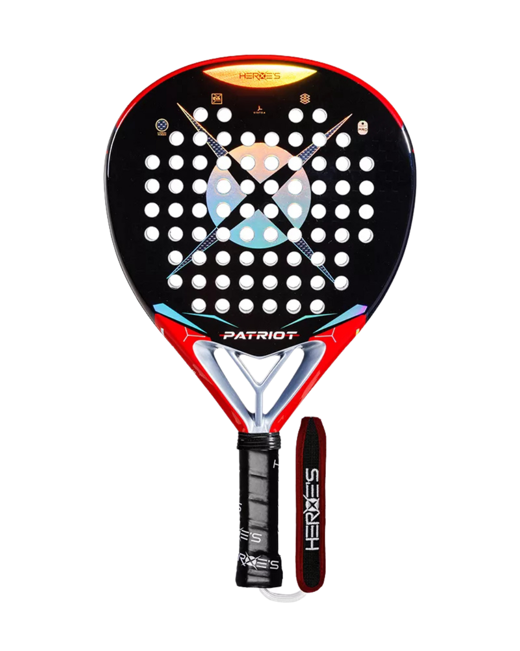 A HEROES PADEL racket with a black, red, and white color scheme, featuring a durable carbon frame and a texturized grip area, crafted as a high-quality padel racket and professional padel tennis racket.