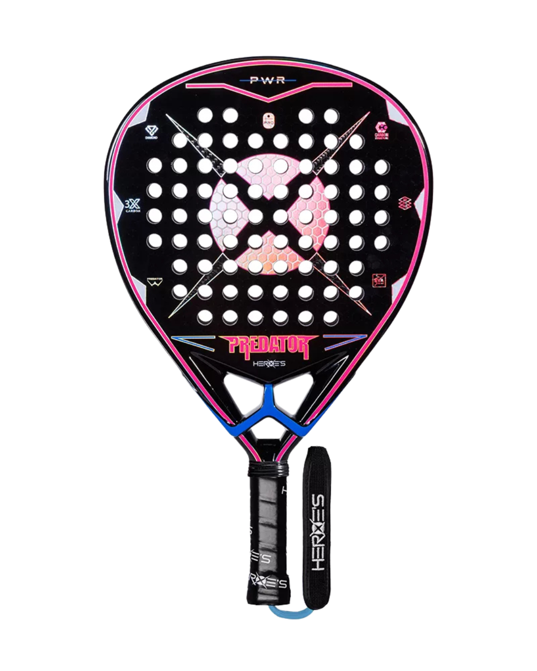 A HEROES PADEL padel racket with a black base color and pink and blue accents, featuring a stylized face at the center and a diamond-inspired design with multiple holes, crafted as a unique padel tennis racket.