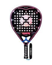 Load image into Gallery viewer, A HEROES PADEL padel racket with a black base color and pink and blue accents, featuring a stylized face at the center and a diamond-inspired design with multiple holes, crafted as a unique padel tennis racket.
