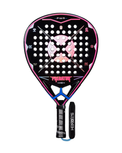 A HEROES PADEL padel racket with a black base color and pink and blue accents, featuring a stylized face at the center and a diamond-inspired design with multiple holes, crafted as a unique padel tennis racket.