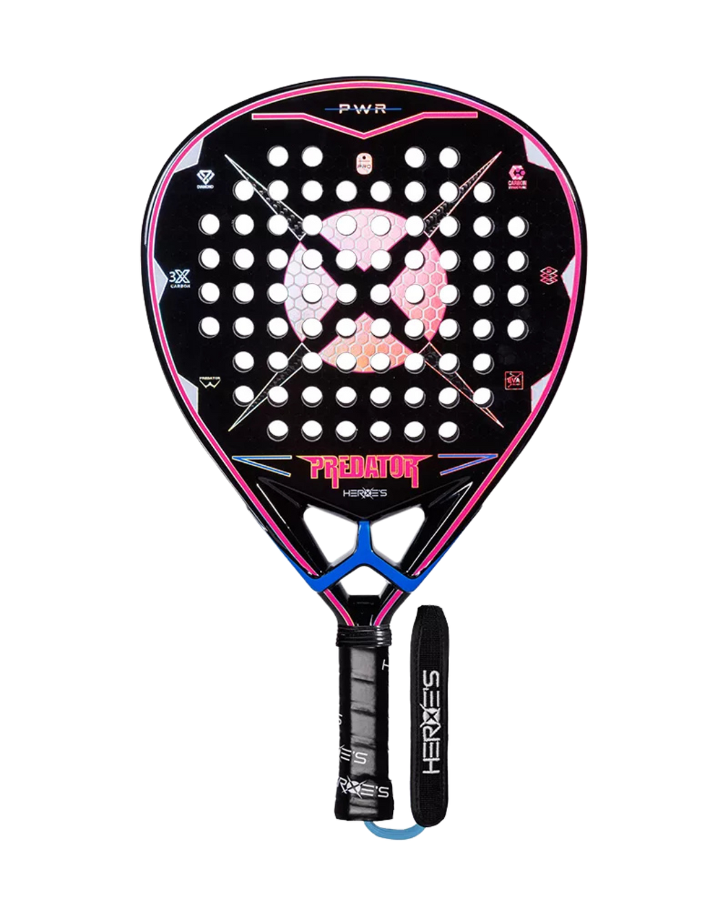 A HEROES PADEL padel racket with a black base color and pink and blue accents, featuring a stylized face at the center and a diamond-inspired design with multiple holes, crafted as a unique padel tennis racket.
