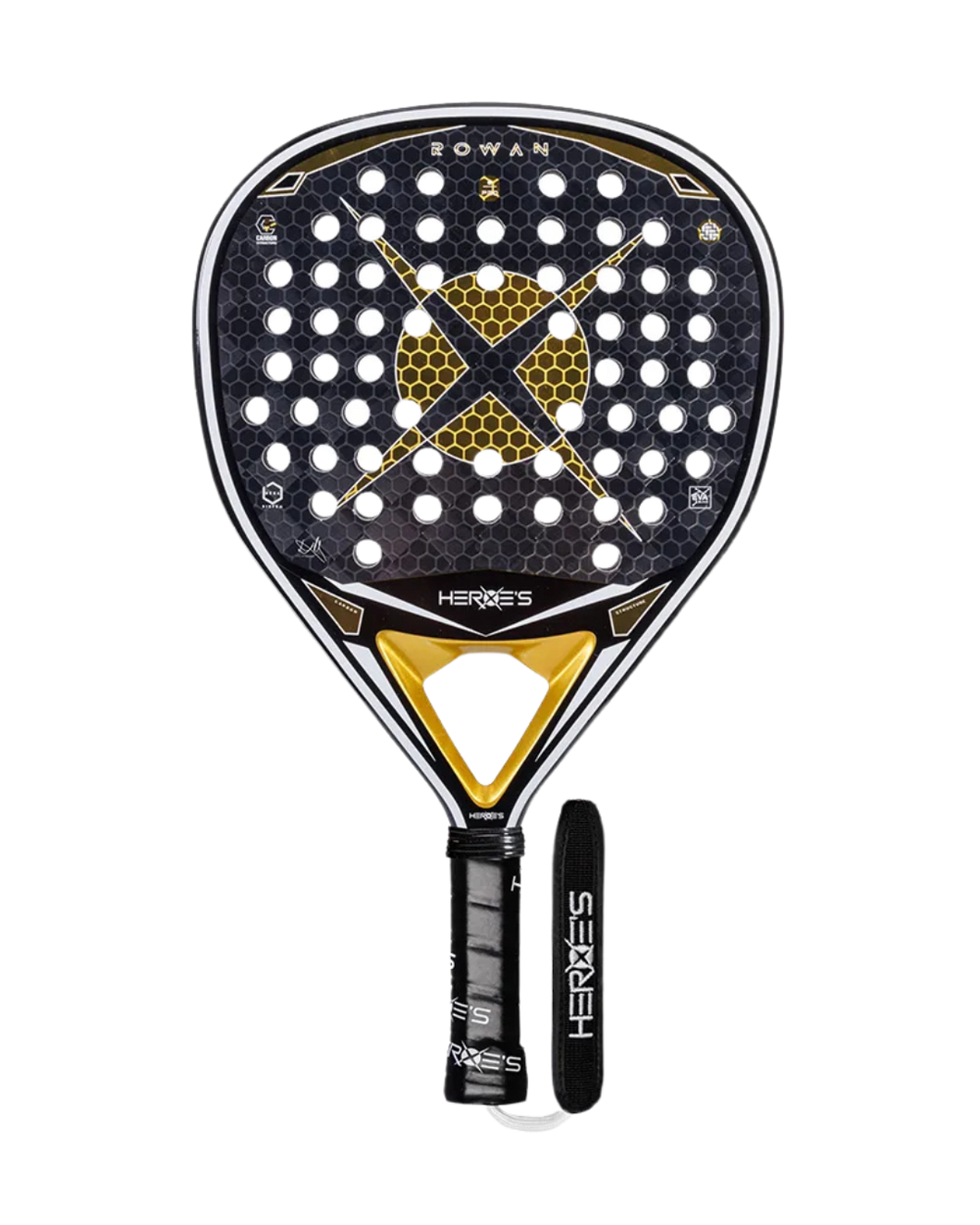 Heroes Rowan 2025 gold black white padel racket – premium padel tennis racket with geometric design.