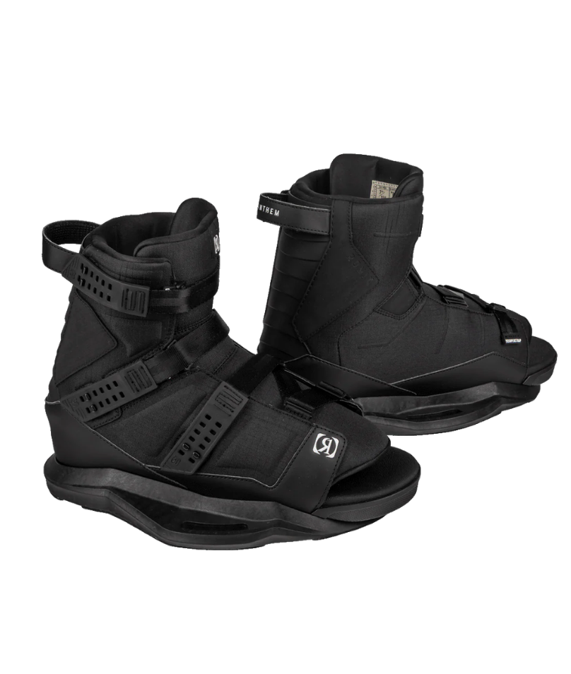 A pair of black Wakeboard Boots on a solid white background, showing the side and front-three-quarter views of the bindings.