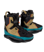 A pair of wakeboard boots in black and tan with teal accents and orange details, shown against a plain white background.