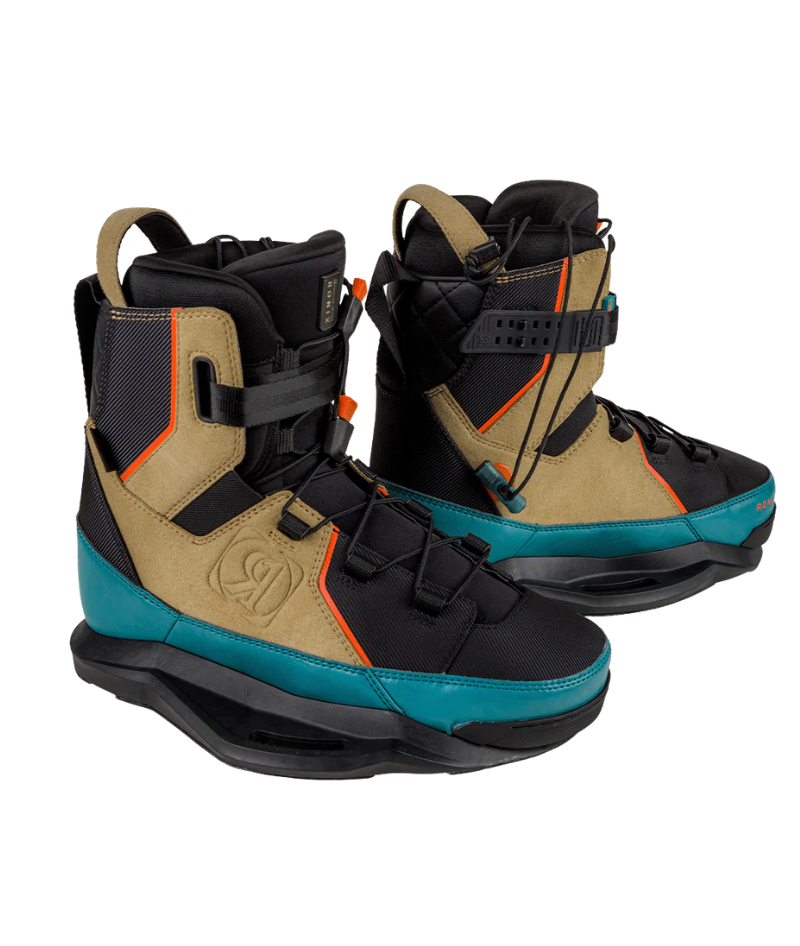 A pair of wakeboard boots in black and tan with teal accents and orange details, shown against a plain white background.
