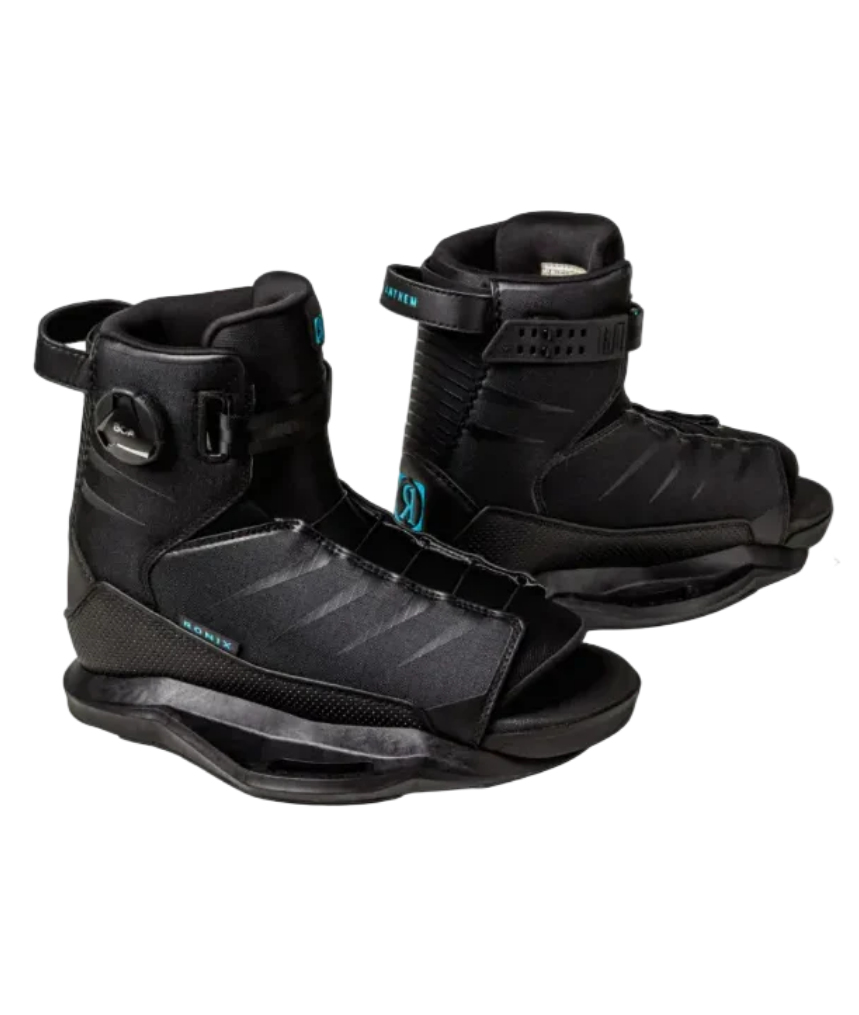 A pair of black Wakeboard Boots on a solid white background, showing the side and front-three-quarter views of the boots.