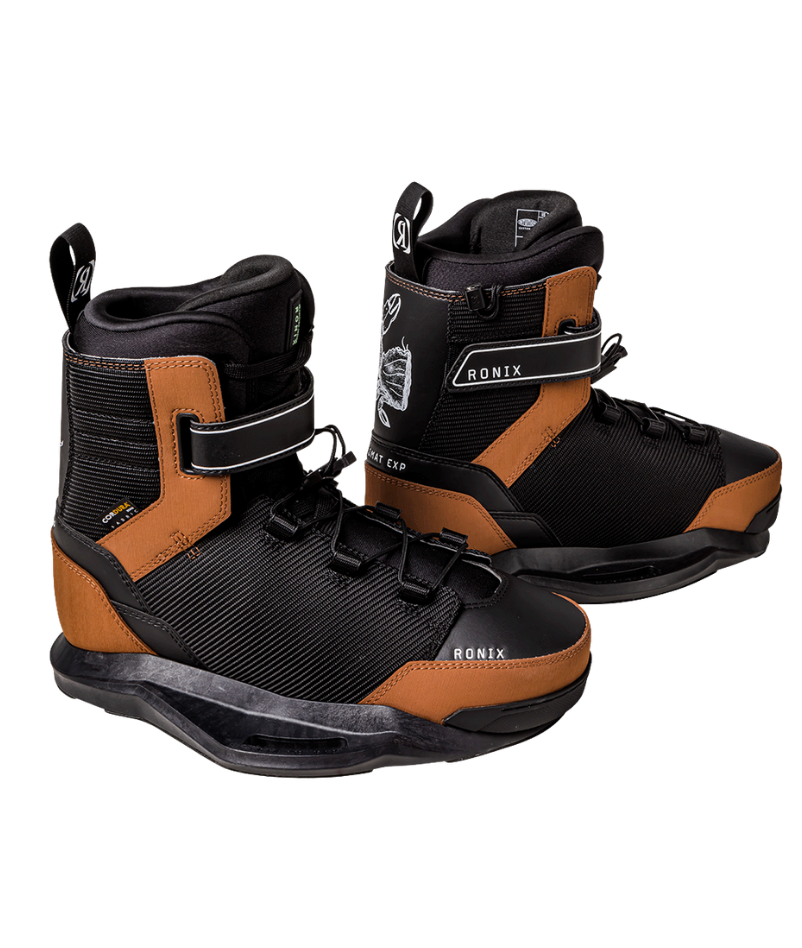 A pair of wakeboard boots in black and brown, featuring adjustable straps and a quick-release buckle system, shown against a plain white background.