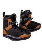 A pair of wakeboard boots in black and brown, featuring adjustable straps and a quick-release buckle system, shown against a plain white background.