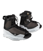 A pair of wakeboard boots in black and dark gray mesh with white soles, shown against a plain white background.