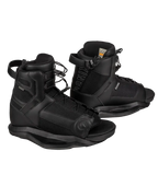 A pair of black wakeboard boots with multiple straps and buckles, shown from a three-quarters angle on a plain white background.