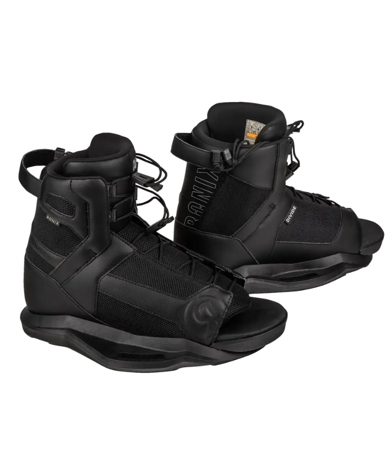 A pair of black wakeboard boots with multiple straps and buckles, shown from a three-quarters angle on a plain white background.