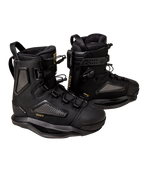 A pair of black Wakeboard Boots with gold branding details, displayed against a solid white background.