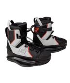A pair of Wakeboarder's boots in black, white, and gray with red accents, shown against a plain white background.