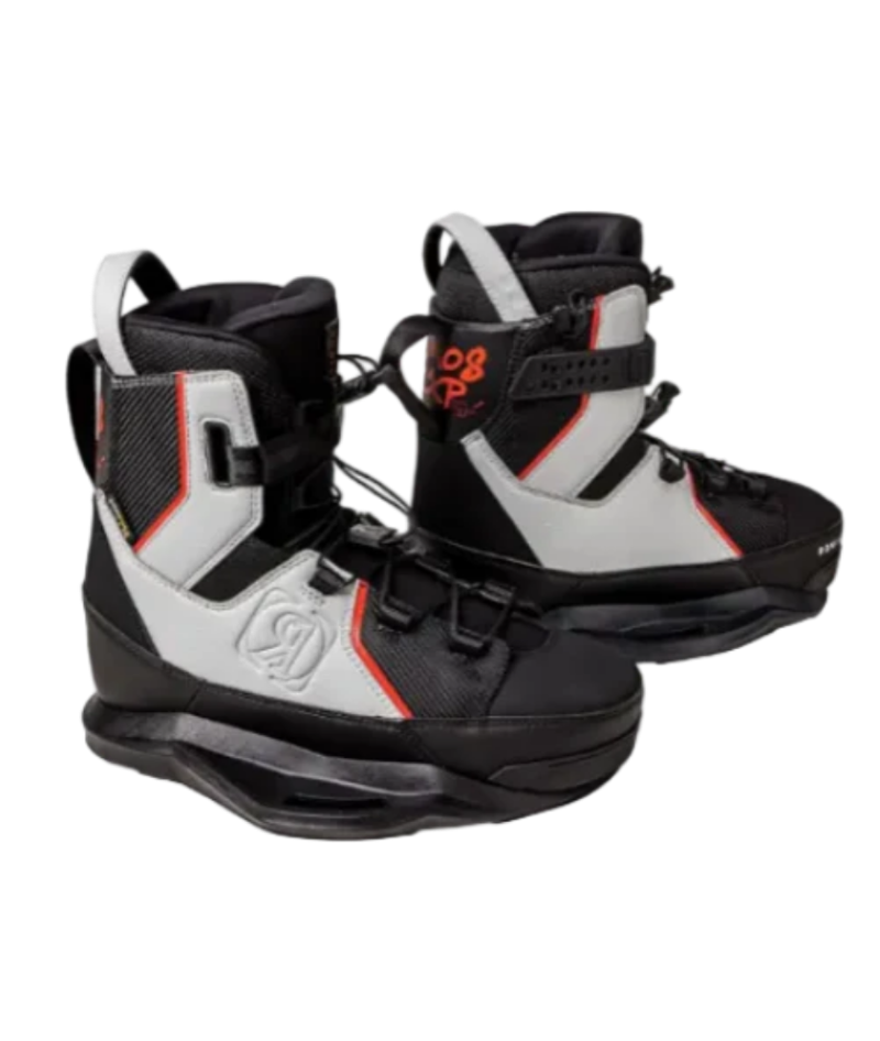 A pair of Wakeboarder's boots in black, white, and gray with red accents, shown against a plain white background.