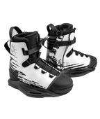 A pair of Wakeboard Boot X boots in black and white, featuring a graphic pattern on the side, black toe caps, and adjustable straps, shown against a plain white background.