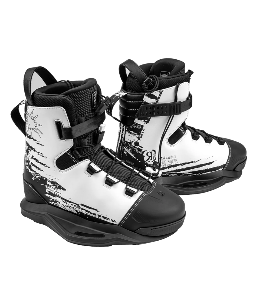 A pair of Wakeboard Boot X boots in black and white, featuring a graphic pattern on the side, black toe caps, and adjustable straps, shown against a plain white background.