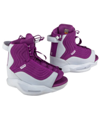 A pair of high-top athletic shoes in purple and white, shown from a three-quarters angle against a plain white background.