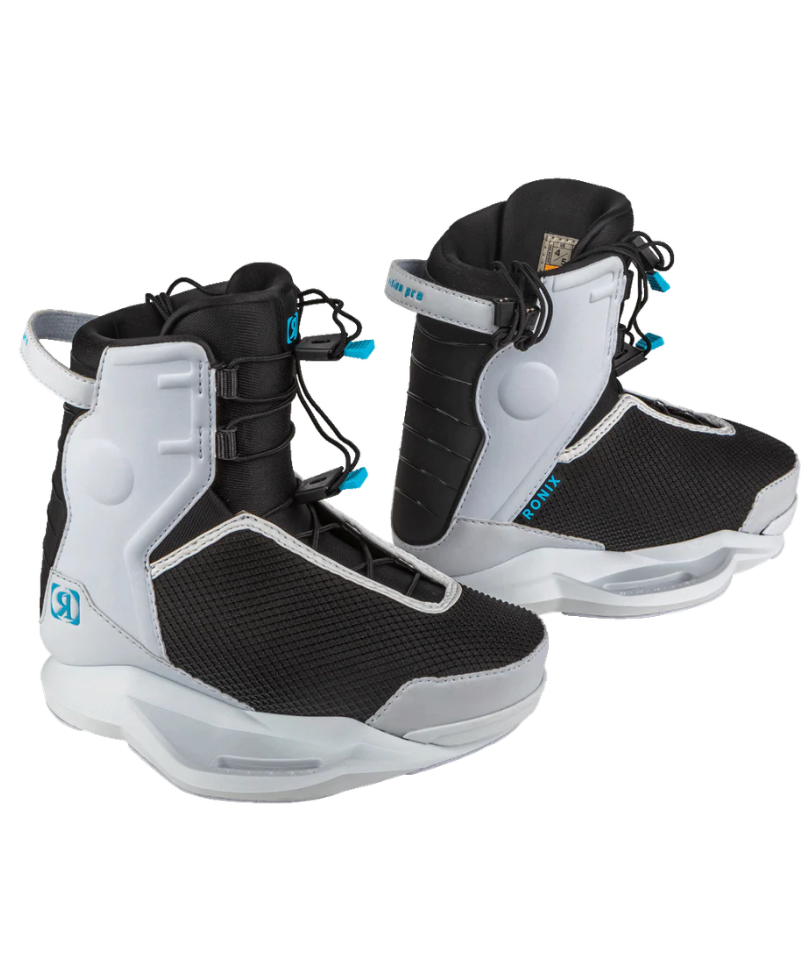 A pair of Wakeboarder's 30 wakeboard boots in black and white with small blue accents, shown against a plain white background.