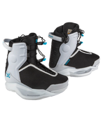 A pair of Wakeboarder's 30 wakeboard boots in black and white with small blue accents, shown against a plain white background.