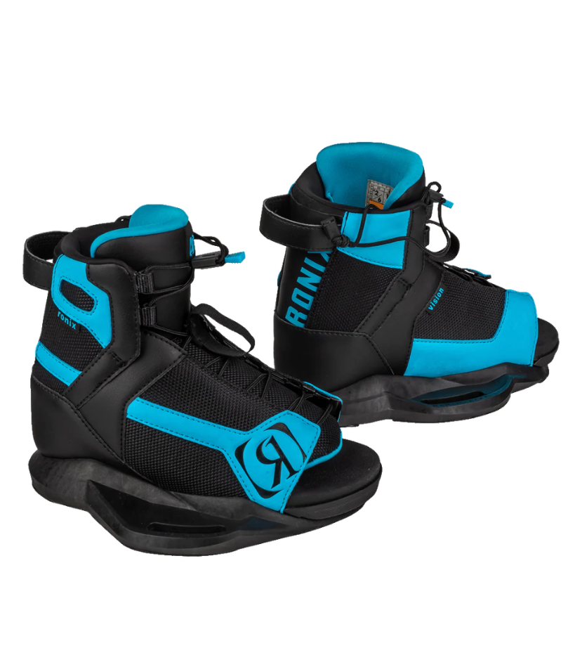 A pair of black and bright blue wakeboard boots on a solid white background, showing the brand name 'RONA' and logo on the side.