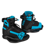 A pair of black and bright blue wakeboard boots on a solid white background, showing the brand name 'RONA' and logo on the side.