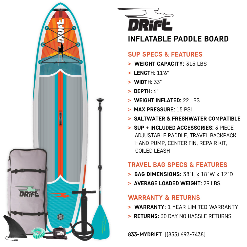 DRIFT Inflatable Stand Up Paddle Board, SUP with Accessories | Coiled Leash, Pump, Lightweight Paddle, Fin & Backpack Travel Bag